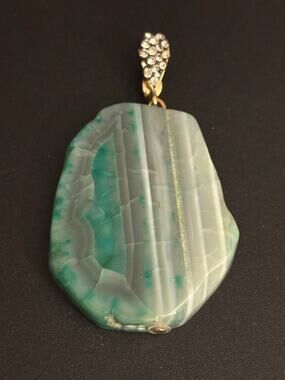 Blue Green Banded Agate Slice Pendant Gold Tone